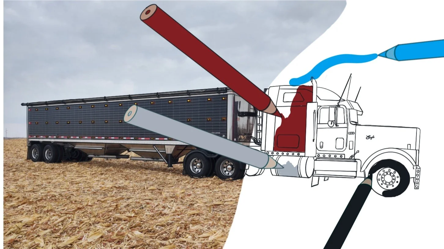 Real semi truck transitioning into a hand-drawn coloring page
