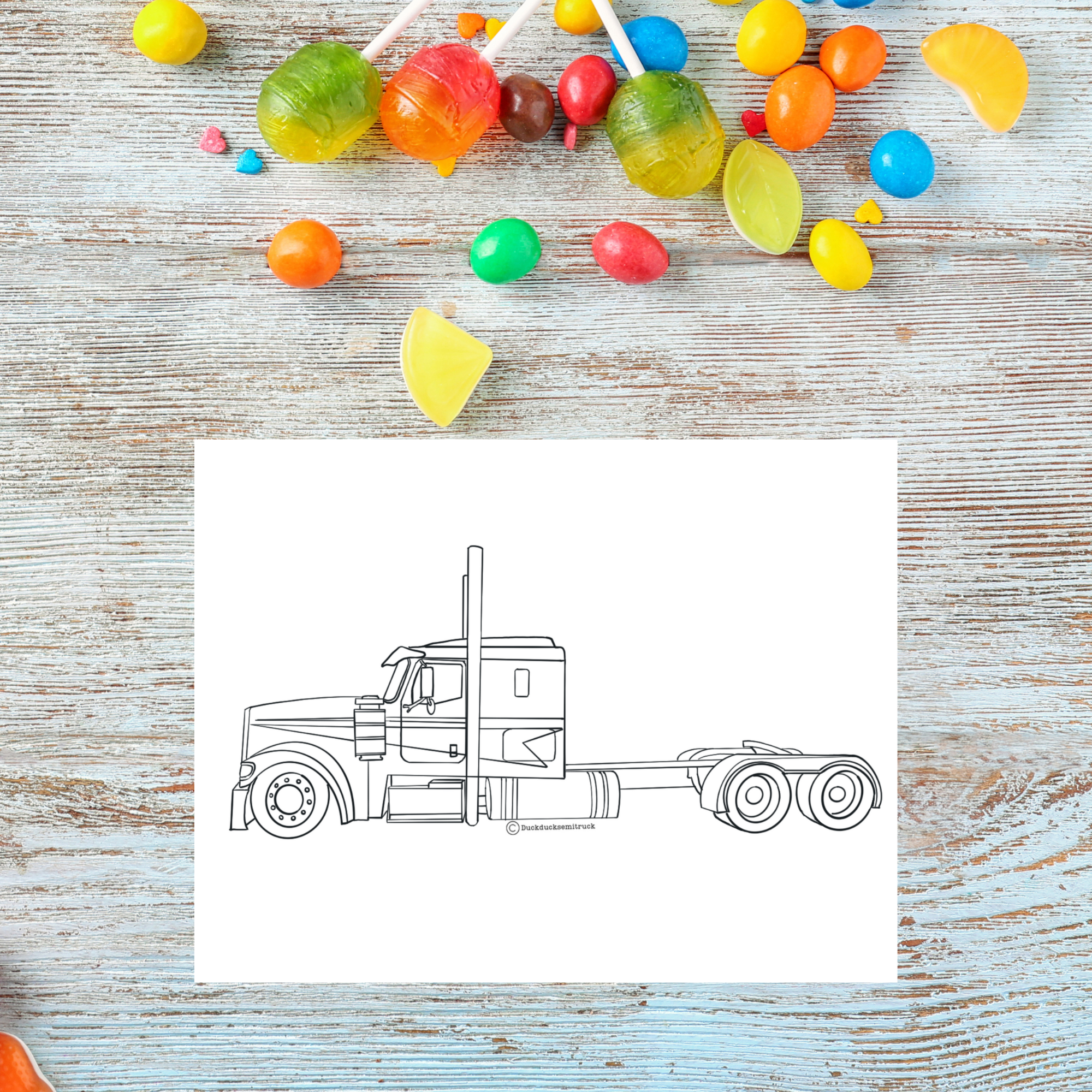 Printable hand-drawn semi truck coloring page